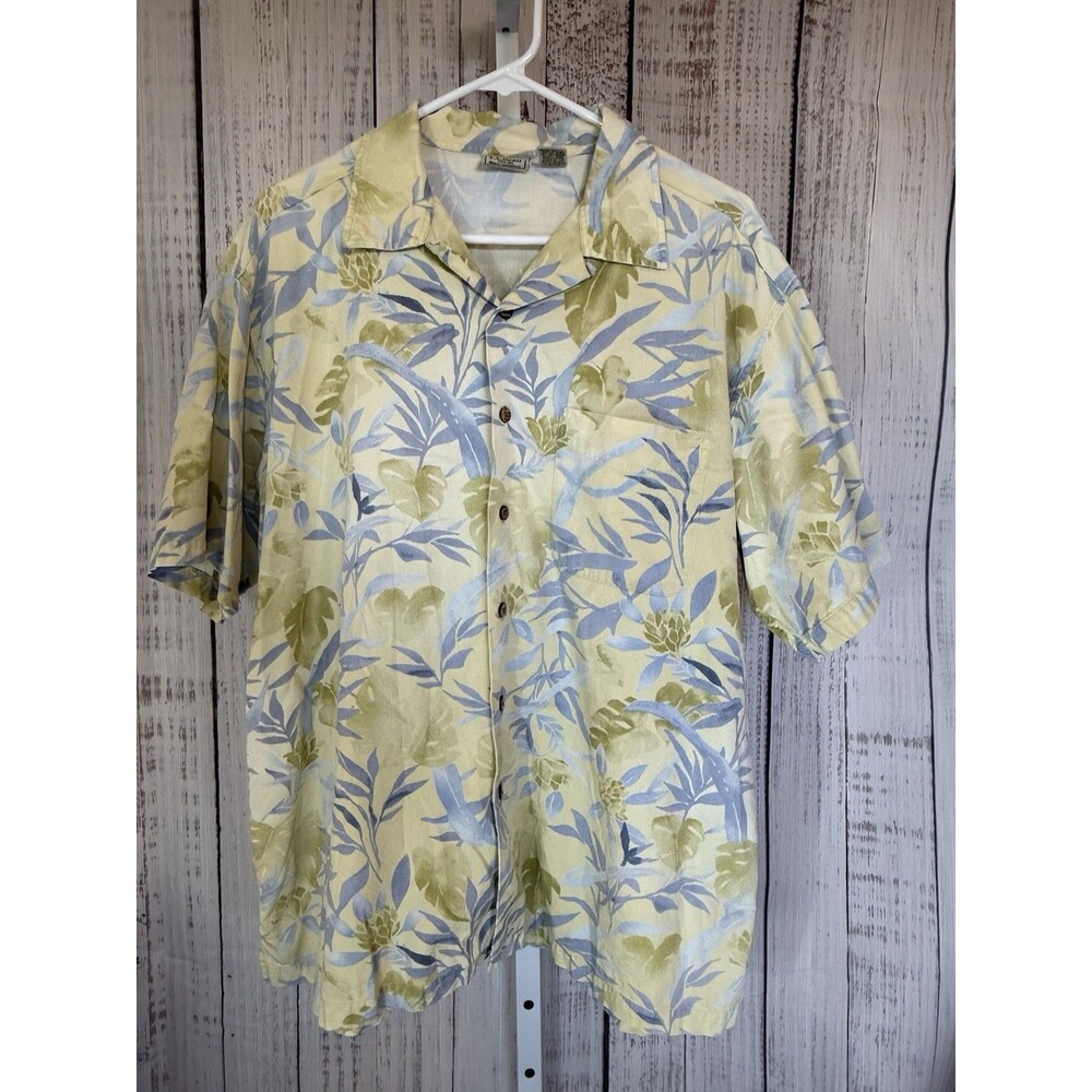 LL Bean Shirt Mens Large Yellow Floral Leaf Button Up Rayon Blend Loop Collar